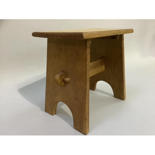 345 - A small pale oak stool on refectory panel supports, made in 1968, 30cm wide x 20cm x 29cm high