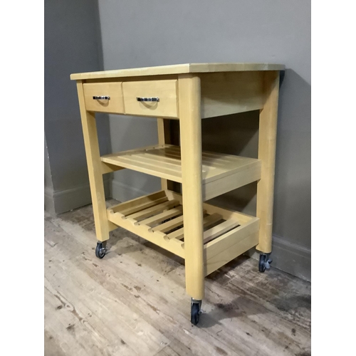 93 - A kitchen stand on castors having two drawers above railed rack and wine rack below