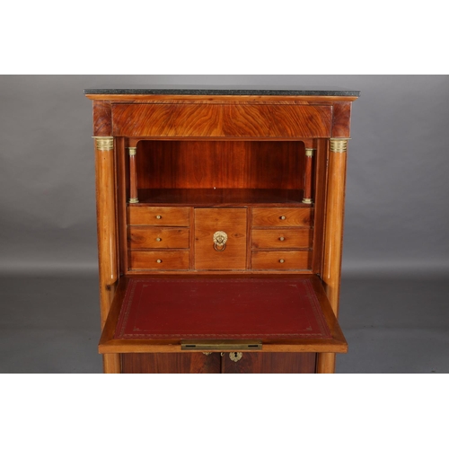 372 - A Continental walnut secetaire-a-abbatant with black marble surface, having a frieze drawer above a ... 