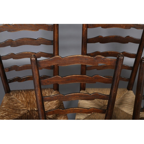 378 - A SET OF SIX 19TH CENTURY ELM WAVY LADDER BACK SINGLE CHAIRS, rush seated, on turned legs and front ... 