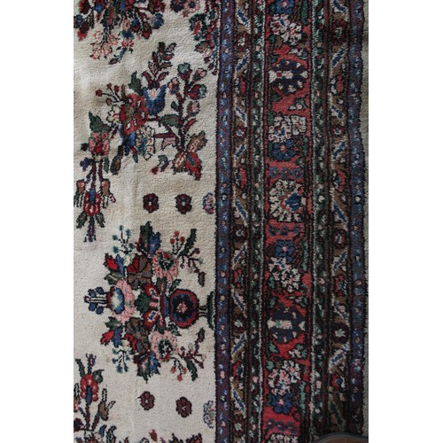 381 - ANTIQUE PERSIAN HAND-MADE SAROUGH MAHAL CARPET, cream field, with blue and crimson floral medallion ... 