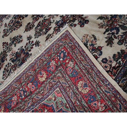 381 - ANTIQUE PERSIAN HAND-MADE SAROUGH MAHAL CARPET, cream field, with blue and crimson floral medallion ... 