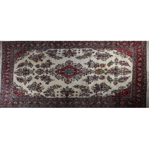 381 - ANTIQUE PERSIAN HAND-MADE SAROUGH MAHAL CARPET, cream field, with blue and crimson floral medallion ... 