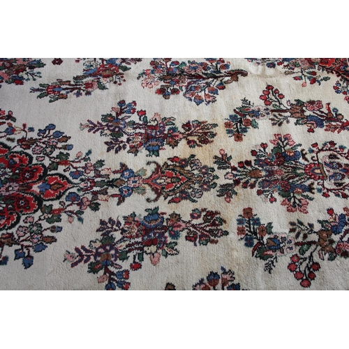 381 - ANTIQUE PERSIAN HAND-MADE SAROUGH MAHAL CARPET, cream field, with blue and crimson floral medallion ... 