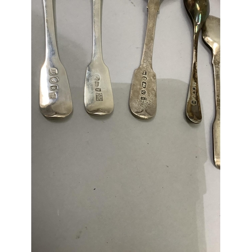 228 - Silver condiment spoons and two caddy spoons, various, including a pair of York mustard spoons, mote... 