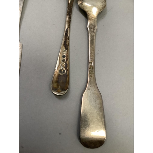 228 - Silver condiment spoons and two caddy spoons, various, including a pair of York mustard spoons, mote... 