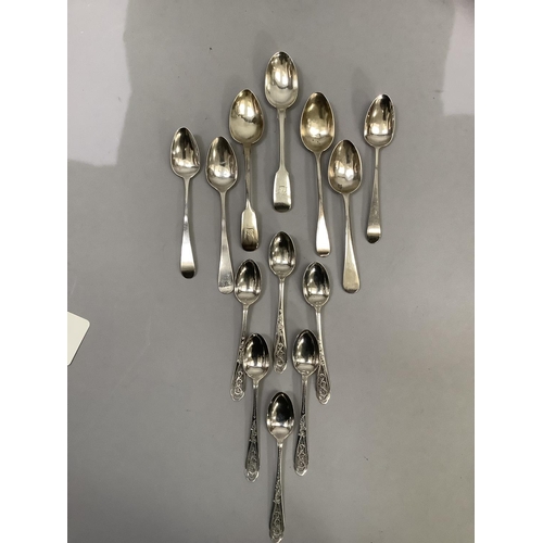 229 - Seven 18th/19th century silver teaspoons, different marks, together with a set of six silver coffee ... 