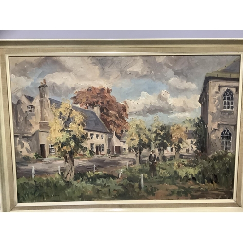 307 - ARR Angus Rands (1922-1985), Ripley, North Yorkshire, village street scene with figures, oil on canv... 