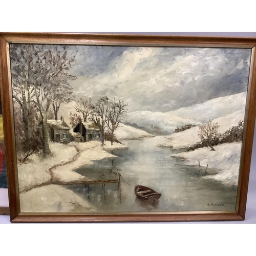 309B - B. Ainger, snow covered river landscape with cottages, oil on board, 44cm by 60cm together with tuli... 