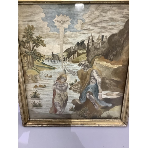 314 - A Georgian silk needlework panel depicting a biblical scene, in gilt frame, 47cm by 42cm