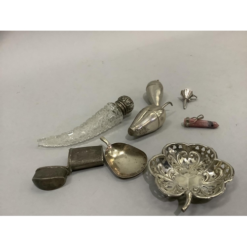 248 - Silver trinket dish, silver lidded cut glass scent, two white metal chilli shaped boxes, a scent fun... 