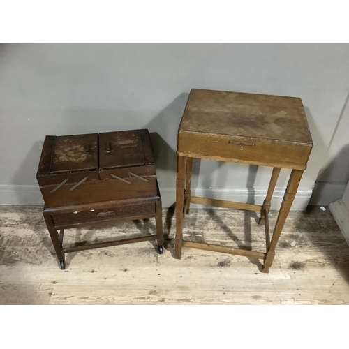 95 - An oak cantilever sewing box and an oak table canteen (one of the lids is loose)