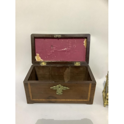 200 - A 19th century mahogany and satinwood banded tea caddy without fittings, reproduction brass lantern ... 