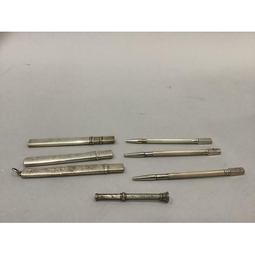 231 - Three silver bridge pencils, three silver cased pencils and two small propelling pencils