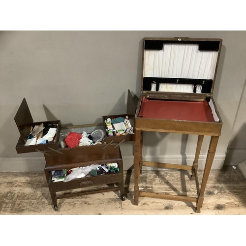 95 - An oak cantilever sewing box and an oak table canteen (one of the lids is loose)