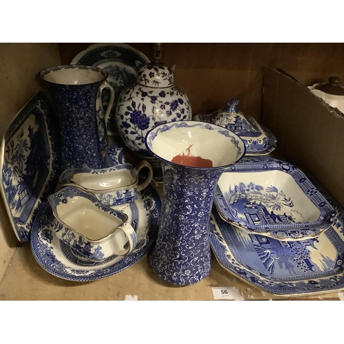 56 - Willow pattern meat plate, tureen, pair of sauce boats together with a blue and white table lamp, pa... 