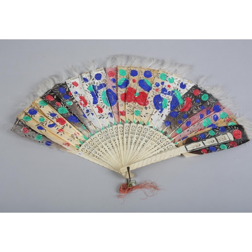 141 - Two 19th century Chinese white duck or goose feather fans, the first mounted on carved wood, the gor... 