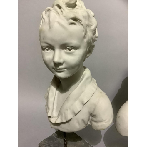 24 - A pair of parian effect head and shoulder busts of young girl and boy, overall height 51cm