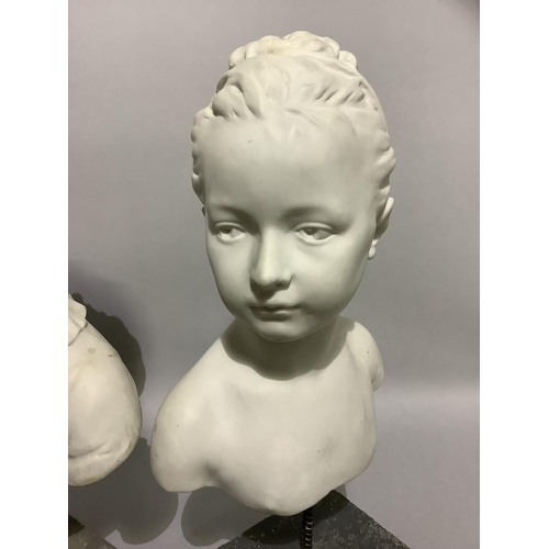 24 - A pair of parian effect head and shoulder busts of young girl and boy, overall height 51cm