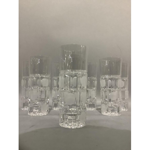 39 - A set of eight cut and etched high ball glasses, square and circle design, 15cm high