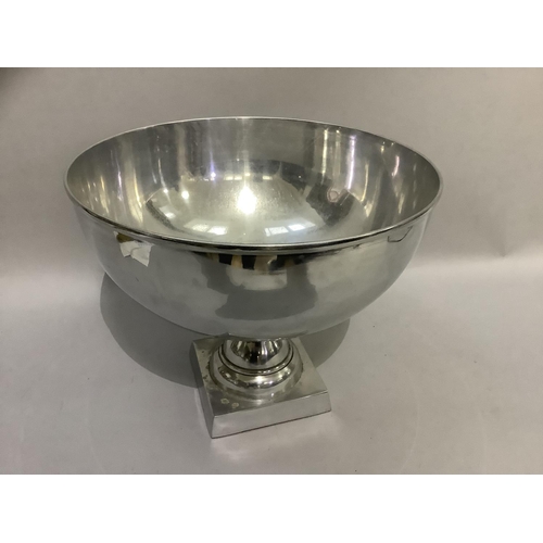 47 - A large white metal bowl on pedestal with square base, 38cm diameter x 31.5cm high