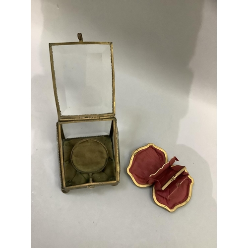 50 - A Victorian gilt and glass pocket watch holder casket on ball feet, 8cm wide x 8cm high, together wi... 