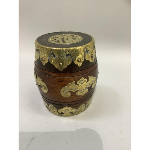 52 - A Shanghai hardwood and brass mounted barrel box and cover applied with bat emblems, 11.5cm high x 9... 