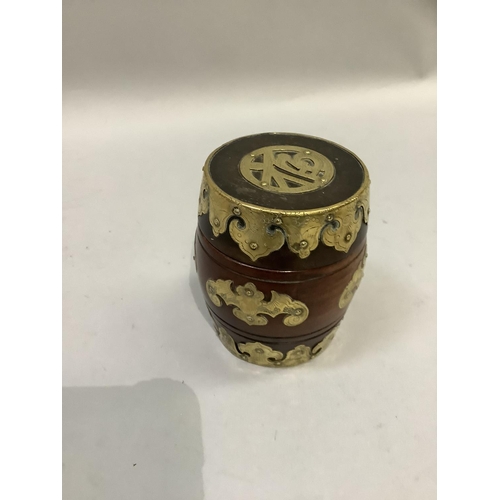 52 - A Shanghai hardwood and brass mounted barrel box and cover applied with bat emblems, 11.5cm high x 9... 