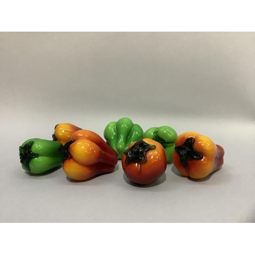 8 - Seven Murano glass peppers and tomato, 12cm long to 8cm