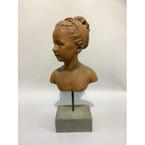 9 - A terracotta effect head and shoulders bust of a young girl, hair swept up in a band, overall height... 