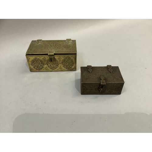 61 - Two Persian caskets in brass and copper with strap hinges and locks measuring 11cm x 6.5cm x 4.5cm a... 