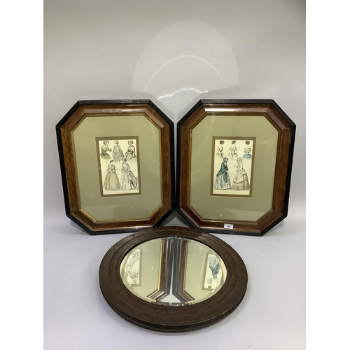 105 - Two framed fashion plates in irregular octagonal frames together with a circular oak wall mirror, 52... 