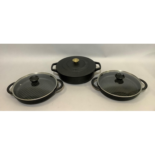 150 - A set of cast iron cookware by Jean-Patrique including a two-handled pan and cover and a pair of two... 