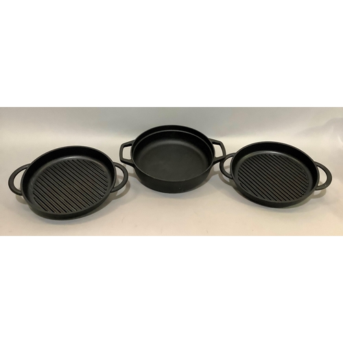 150 - A set of cast iron cookware by Jean-Patrique including a two-handled pan and cover and a pair of two... 