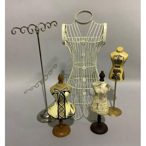 154 - Five various necklace stands, four in the form of tailor's dummies and one of T-bar form