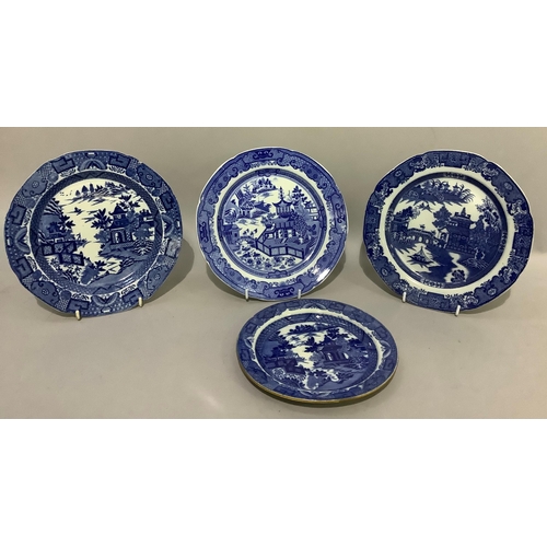 85 - Three 19th century Pearlware blue and white willow pattern plates, 24cm and 21cm, together with one ... 