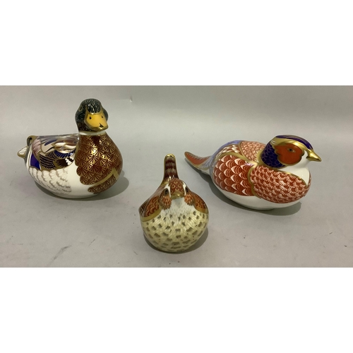 86 - Three Royal Crown Derby birds including Jenny Wren with gold back button, duck with gold button and ... 