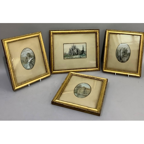 96 - A set of four watercolours, monogrammed AR, titled Canonbury Tower, Leicester, Ham House Kingston On... 