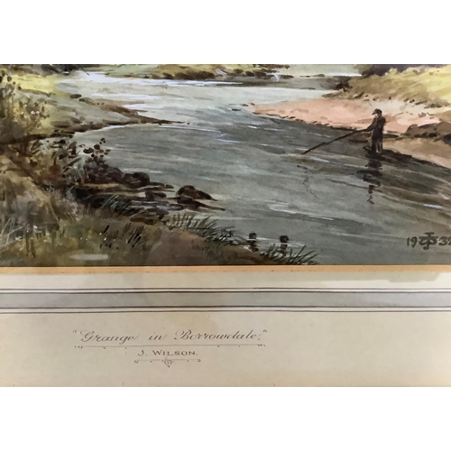 97 - W J Wilson, Grange in Borrowdale, river and mountain landscape with fishermen, watercolour, signed w... 