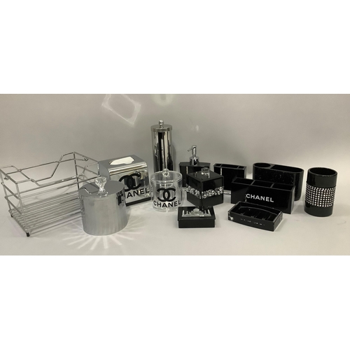 191 - A quantity of black and chrome dressing table items including tissue box with a Chanel motif and a t... 