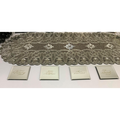 193 - A five light silver plated candelabra, diamante and mirrored coasters, a silver beaded table runner,... 