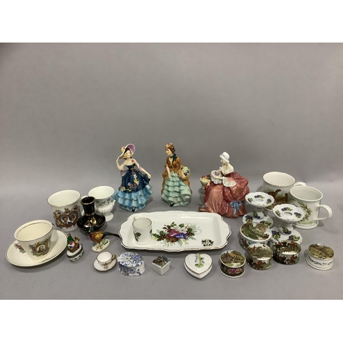 213 - Various china trinket boxes, commemorative cup and saucer and mugs, a pair of Goebel figures, Royal ... 