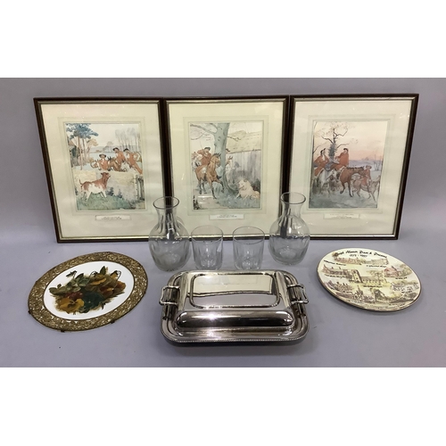 233 - A set of four hunting prints, a silver plated entrée dish and cover, two glass carafes and glasses a... 