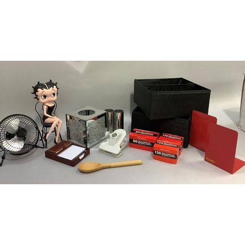 240 - A mirrored tissue box, a small desk fan, black storage boxes, Betty Boop on a chair, adhesive labels... 