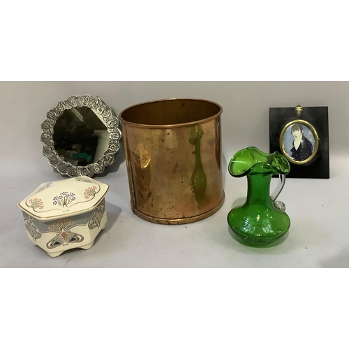 199 - A Liberty hexagonal box and cover, a green crackle glass jug, a hanging mirror in white metal frame ... 