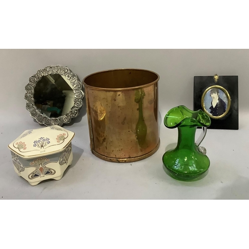 199 - A Liberty hexagonal box and cover, a green crackle glass jug, a hanging mirror in white metal frame ... 