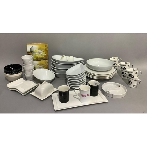 247 - A selection of tableware including a set of six Chanel motif coffee mugs, a Jeff & Co teardrop shape... 