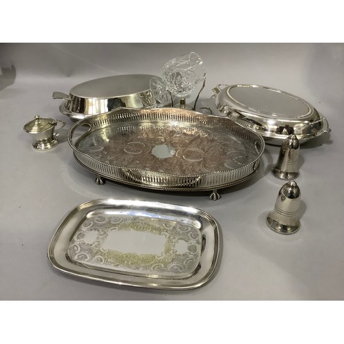 185 - Two silver plated oval entrée dishes, an oval two-handled gallery tray, a brandy warmer with glass, ... 