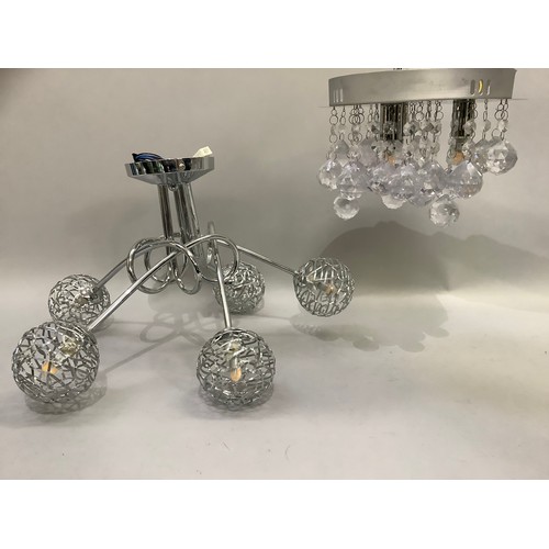 239 - A chrome ceiling light with five wire ball lights together with a ceiling light hunt with prismatic ... 