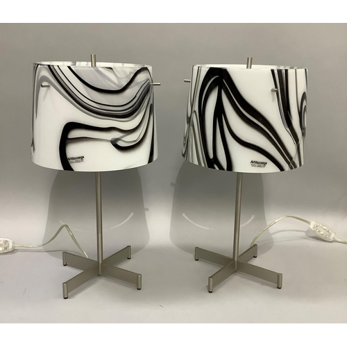 313 - A pair of AV Mezzega Murano glass table lamps, the shades having swirls of black on white, on a brus... 